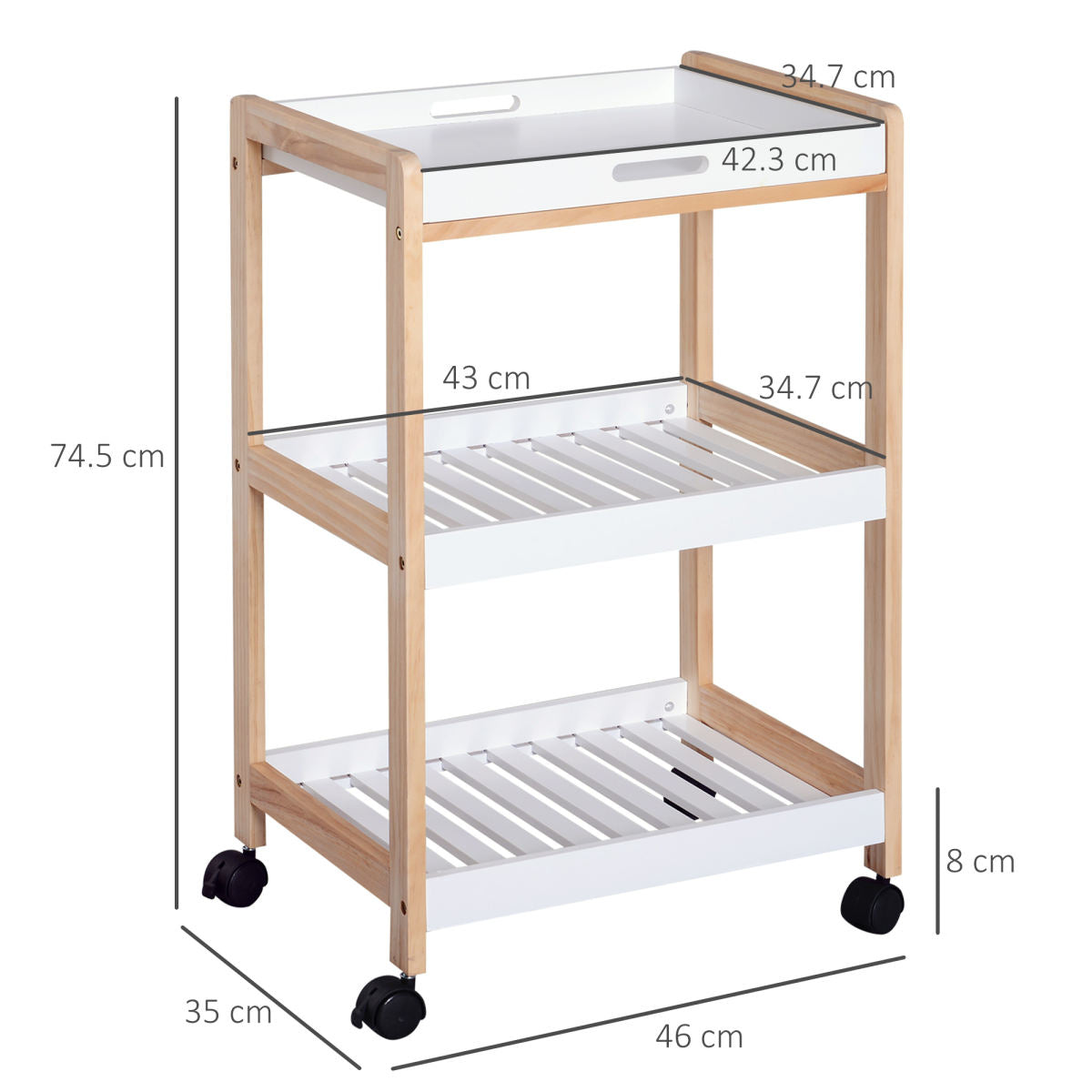 3-Tier Mobile Kitchen Trolley Cart Storage Shelves Rack Rolling Wheels White 46 X 35 X 74.5 Cm