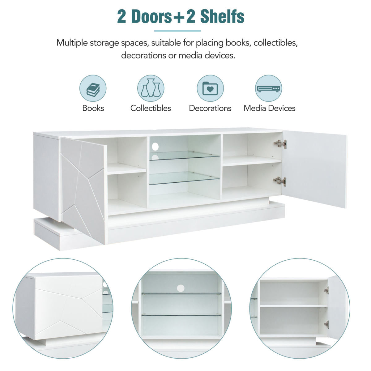 White Frosted TV Stand - 1.6 Meters Length, Adjustable Glass Shelf, 70 Inches Space, Stylish Storage With Silent Hinges