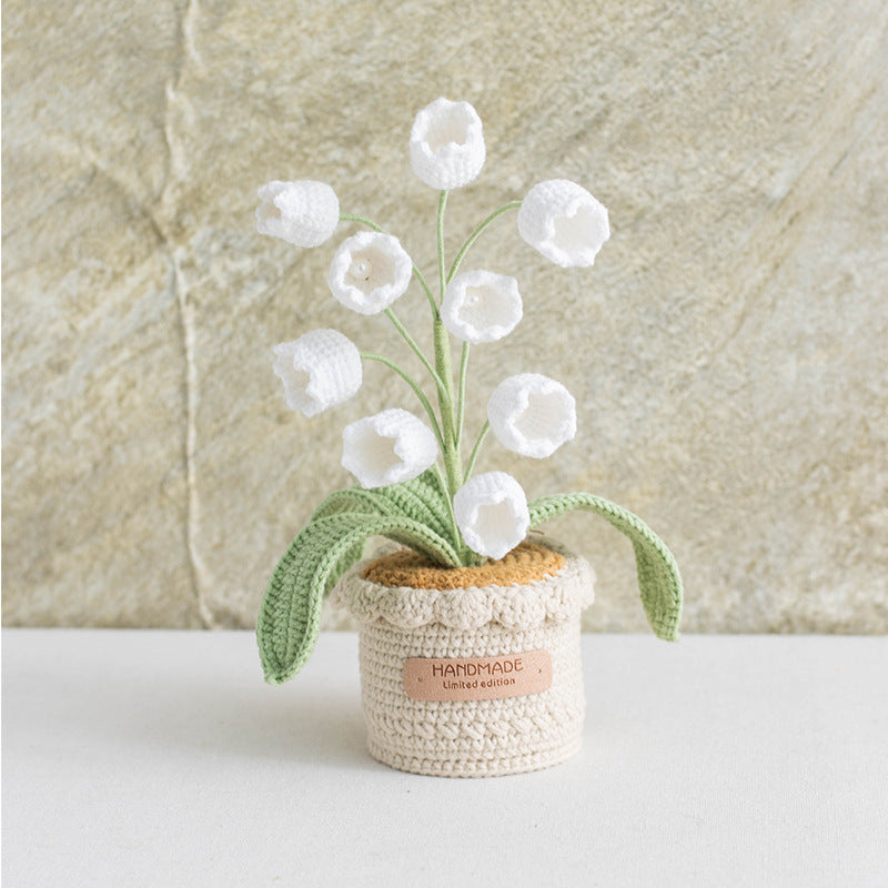Hand Crocheted Lily Of The Valley Artificial Flowers  Potted Arrangement Decor For Indoor Table Living Room Bedroom