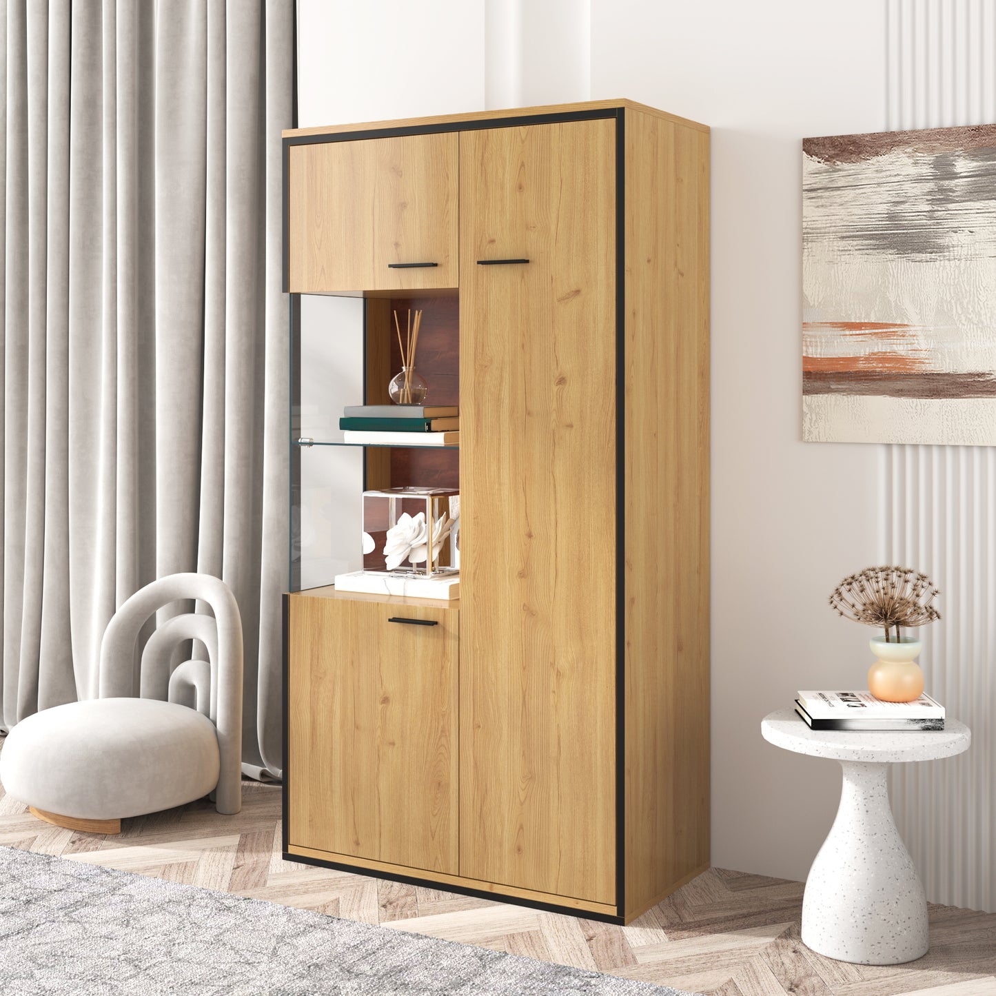 Modern Display Cabinet With LED Lighting - 150cm High - Glass Door, Multi-purpose Shelves, 15 Color Options, Large Storage Space, Glass Shelf, Showcase, Presentation Furniture, Cabinet With Lighting,