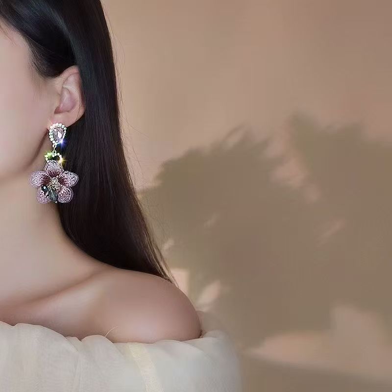 2026 New Vintage Chinese Style Big Flower Stud Earrings For Women, Unique Asymmetric Embroidery Petal Fashion Rhinestone Ear Jewelry