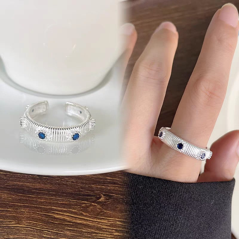 1pc 999 Sterling Silver Brushed Blue Zircon Band Ring, Retro & Elegant Style, Perfect For Daily, Dating & Gifting, Ideal Valentine's Gift