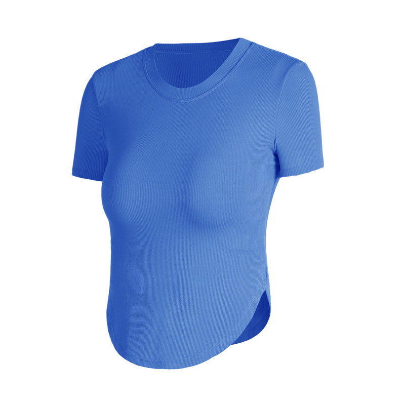 Rib Sports Short-sleeved Blouse With Chest Pad Workout Clothes Running T-shirt Beauty Back Tight