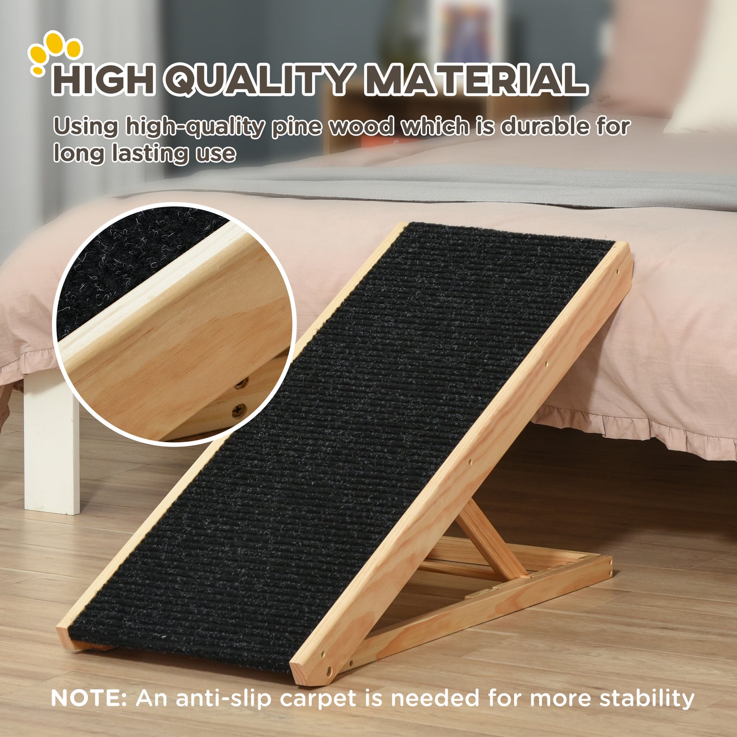 Elevated Dog Ramp for Bed, Foldable and Height Adjustable Pet Ramp for Cats with Non-Slip Finish, Pine 35.5" L x 16" W x 24" H, Black