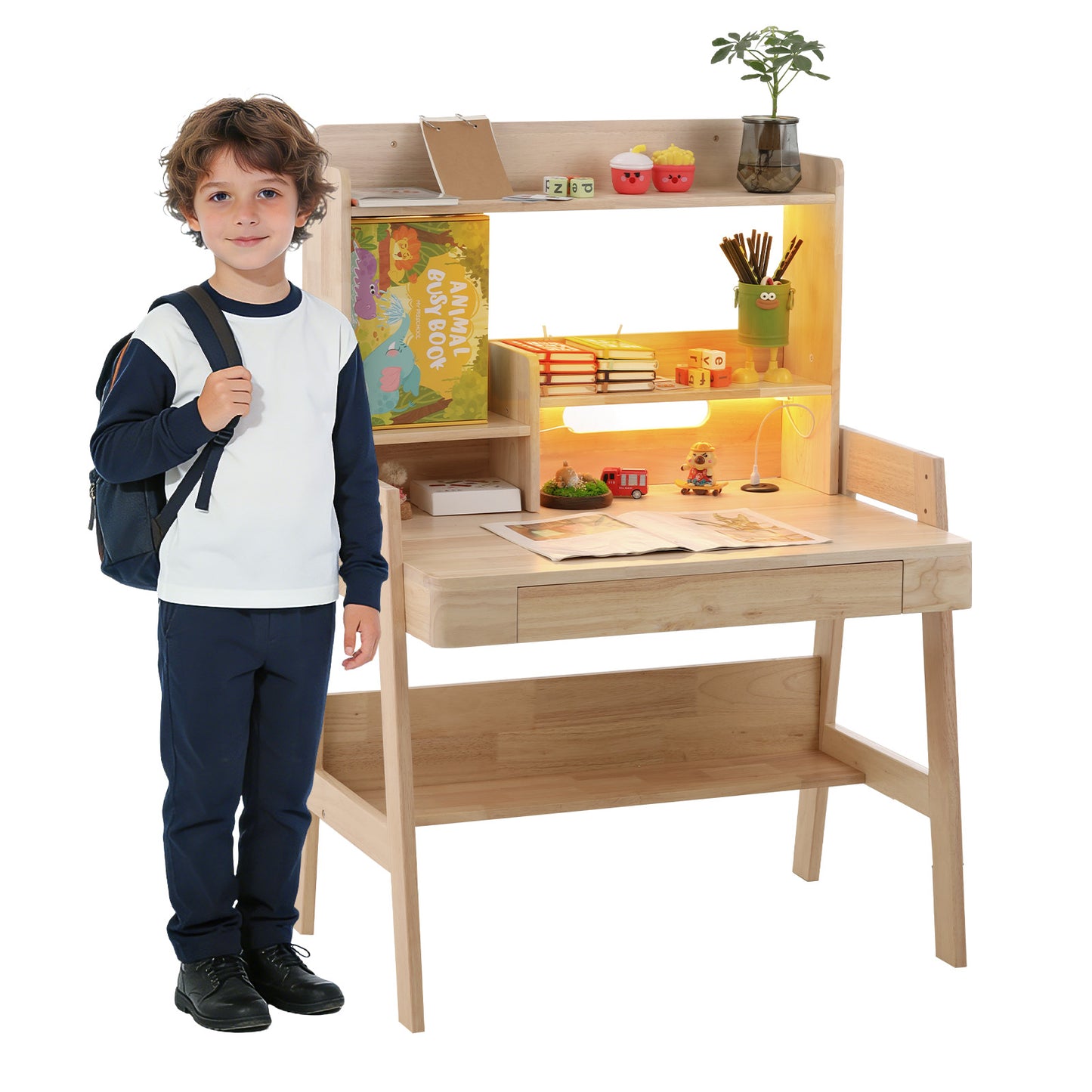 Children's Table, Height-adjustable Children's Desk Made Of Solid Wood, Natural Color, With LED Light Strip, USB Port, Drawer & Storage Space, Child-friendly, For Children Aged 6 And Up