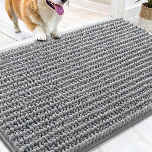 Dog Door Mat For Muddy Paws, Ultra Absorbent Chenille Mud Doormat, Non-Slip Washable And Dirt Trapping Indoor Doormat For Entryway, Quick-Dry Indoor Pet Mat For Dogs, Grey