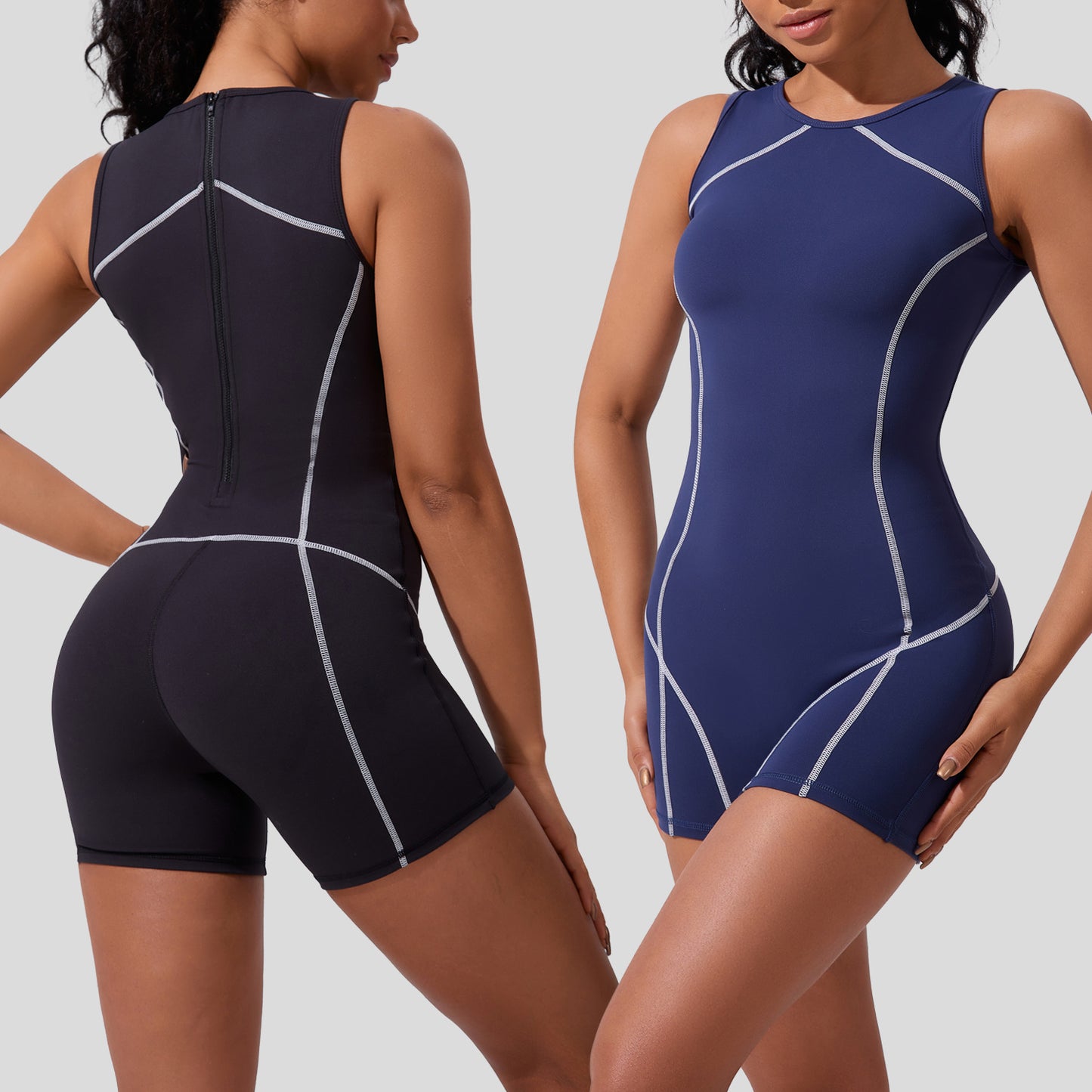 European And American Summer Contrasting Color Zipper Yoga Jumpsuit For Women Dance Tight Aerial Sports Jumpsuit Breathable Fitness Clothing