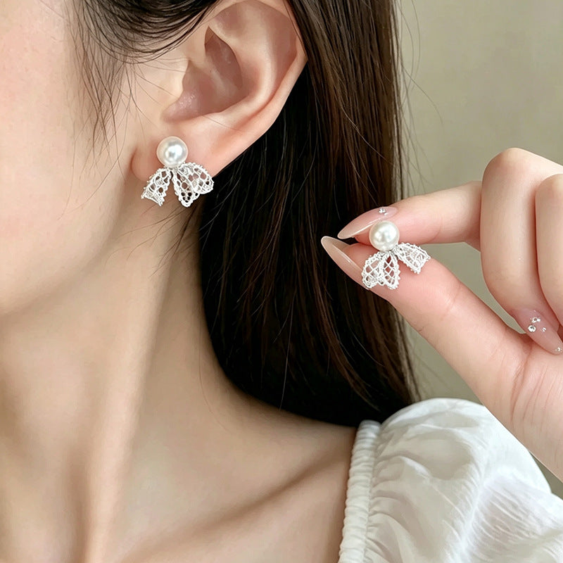 Lace Bow Stud Earrings For Women, New Arrival High Sense Fashion Best Selling Pearl Earrings, Niche Retro Versatile Trendy Ear Jewelry