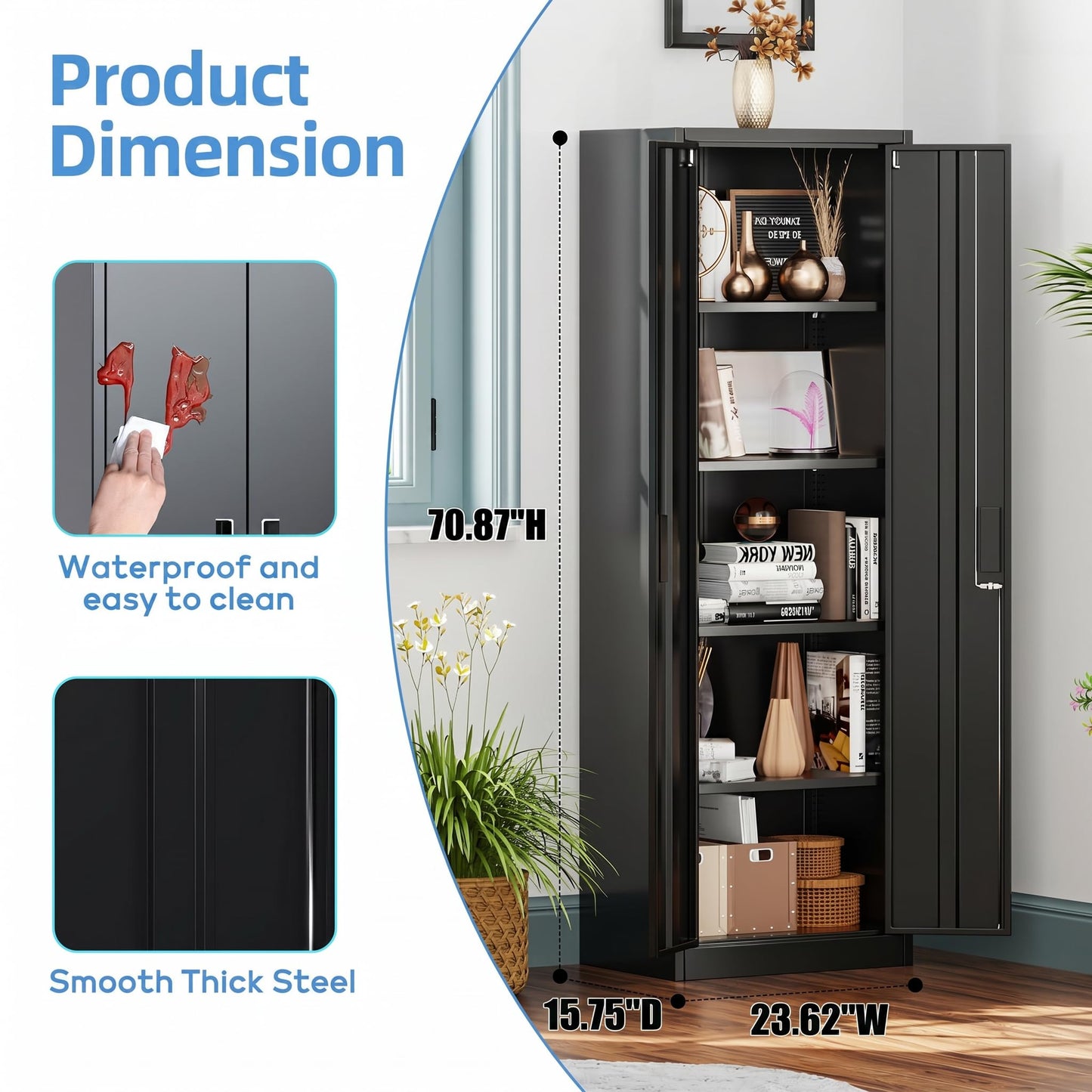 Narrow Metal Garage Storage Cabinet, Lockable Narrow Steel Storage Cabinet With 4 Adjustable Shelves For Garage, Office, Home, Assembly Required, Black