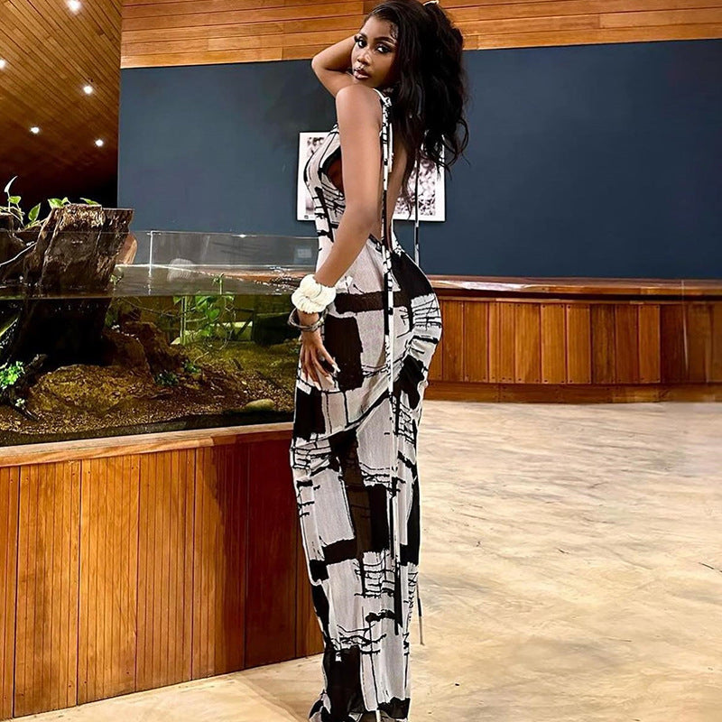 Printed Pullover Sleeveless Beauty Back Pleated Tight Braces Dress