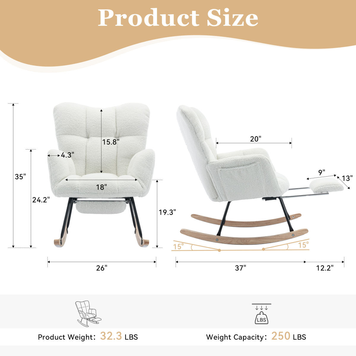 067-Teddy Fabric Leisure Rocking Chair With Adjustable Footstool,Nursery Rocking Chair, High Backrest, Storage Pocket On The Right Side,The Base Rocker Is Solid Wood And Metal,Ivory
