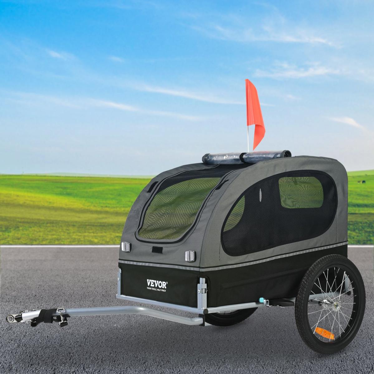 Dog Bike Trailer, Supports Up To 88 Lbs, Pet Cart Bicycle Carrier, Easy Folding Frame With Quick Release Wheels, Universal Bicycle Coupler, Reflectors, Flag, Collapsible To Store, BlackGray
