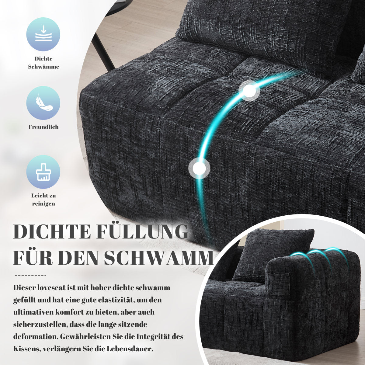 Comfortable Sofa For 2 People, No Assembly Required, Fluffy Sofa With A Cushion, Side Pockets For Remote Control And Mobile Phone, Neat And Stylish, Black