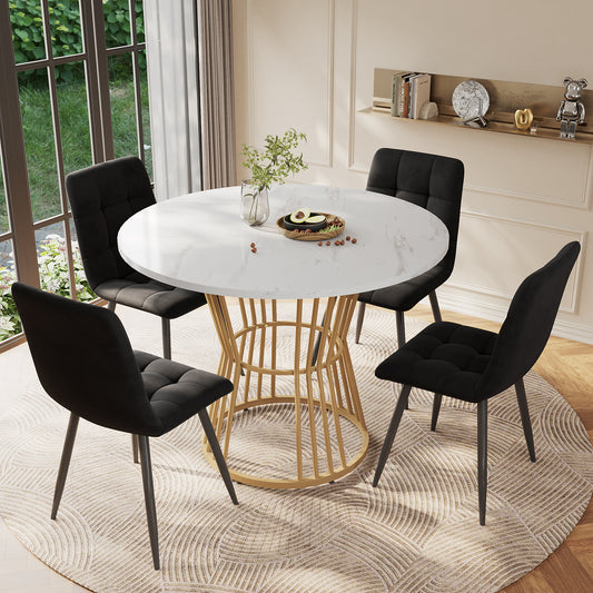 Dining Table Set  5-piece , Dining Table Set With 4 Chairs, Kitchen Table Set, Round Dining Table With 100 Cm Diameter And Golden Metal Legs, White MDF Table Top, Black Velvet Dining Chairs