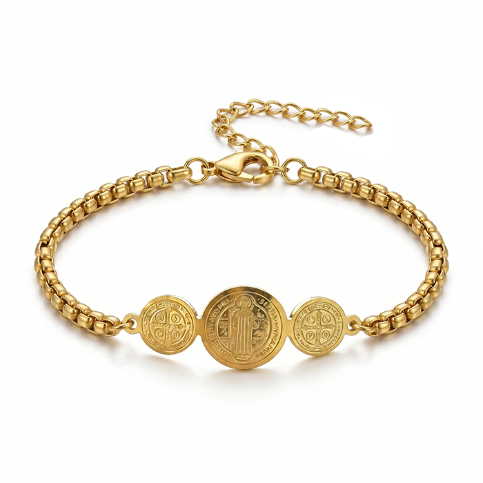 St. Benedict Medal Protection Bracelet With Message Card - 18K Gold Plated Stainless Steel Box Chain Religious Blessing Jewelry Gift For Men Women