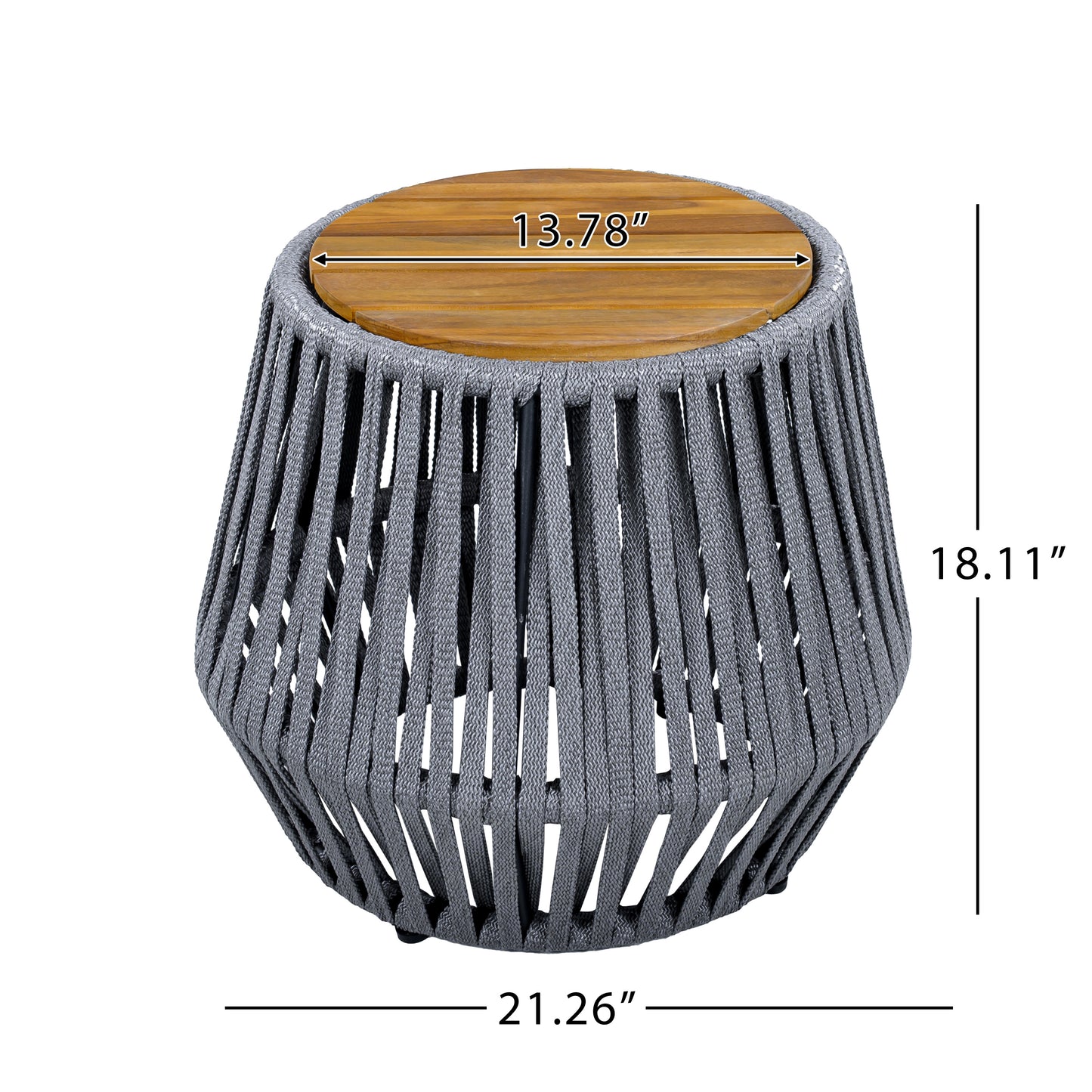 Outdoor Side Table With Rope And Acacia Wood - Teak Finish, 100 LBS Capacity, Weather-Resistant, Grey Rope Design