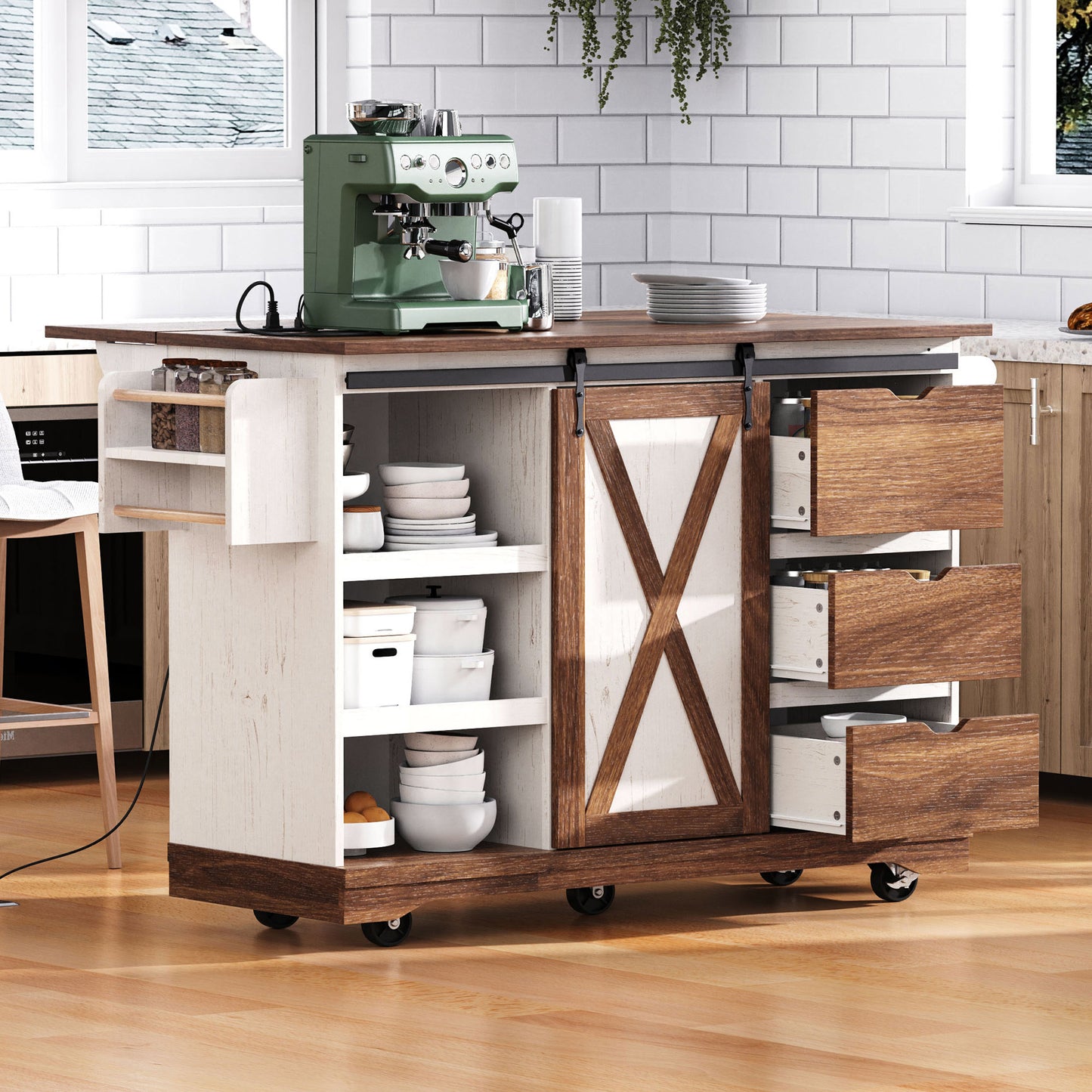 K&K 55.5  Farmhouse Kitchen Island With Drop Leaf, Kitchen Storage Island With Barn Door, Power Outlet, Rolling Kitchen Cart On Wheels With Spice Rack, For Home, Kitchen, Dining Room, White