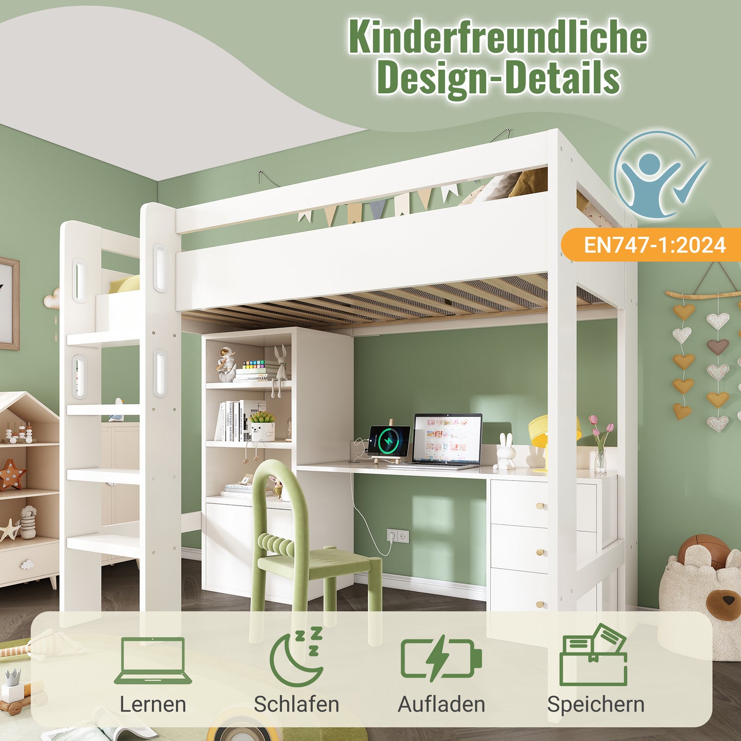 Children's Bed Loft Bed With USB-C Desk, Wardrobe And Filing Cabinet, Youth Bed Single Bed With Stairs And Slatted Base, Storage Space,90x200, Without Mattress