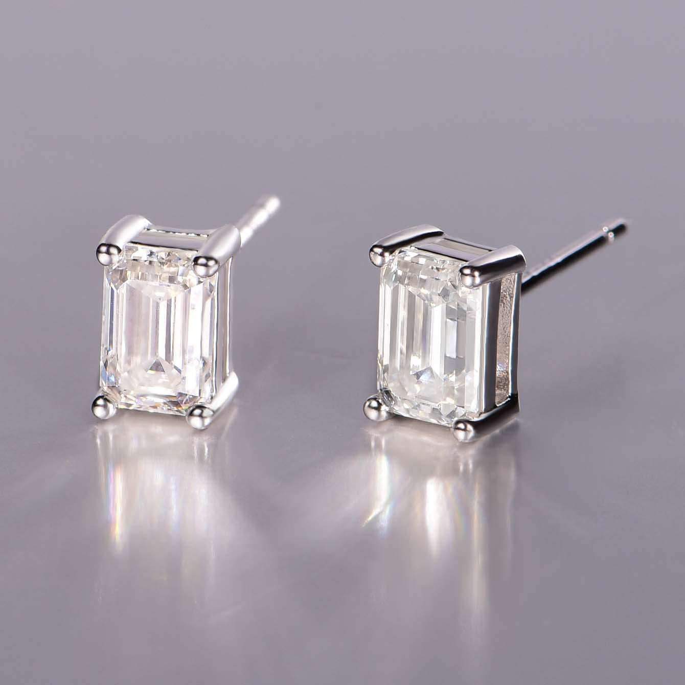S925 Sterling Silver Emerald Cut Moissanite Stud Earrings, 0.8&1ct D-VVS1, Platinum Plated 1g Women's Jewelry Gift Box