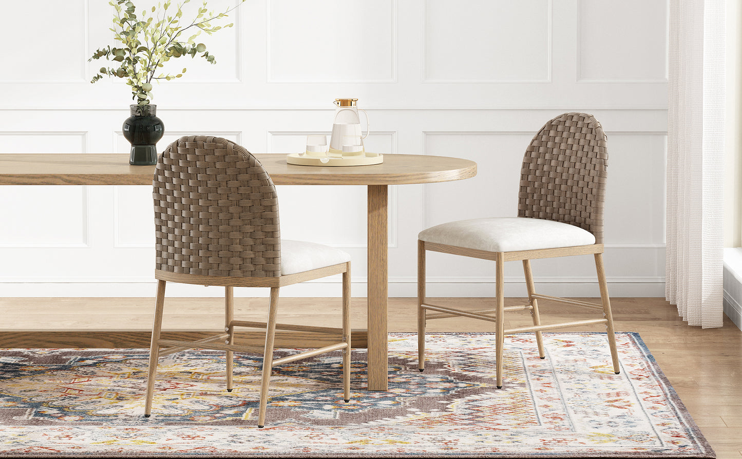 Farmhouse Dining Chairs Set Of 2, Upholstered Kitchen Chairs Armless Iron Side Chair With Rattan Backrest For Dining Room ,Restaurant,Brown