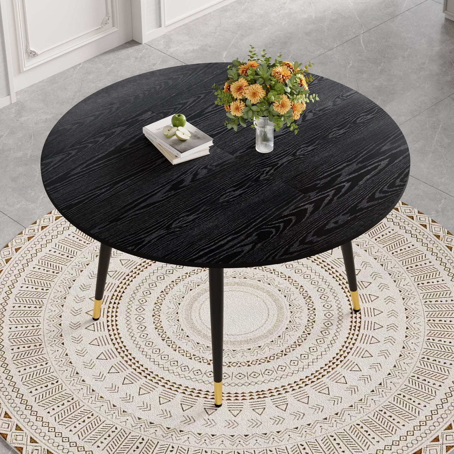 Modern Extendable Dining Table, Transforms From Round To Oval, MDF Top In Black Walnut With Gold Accents, Sturdy Metal Legs, Space-saving For Kitchen & Dining Room