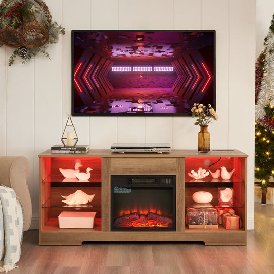 TV Stand Electric Fireplace TV Stand With Glass Shelves, 3D Fireplace TV Stand With LED Lights Wood With USB Charging Outlet Modern Television Table Center For TV Up To 32-62  OAK 58'Wx15.4''Dx24.6