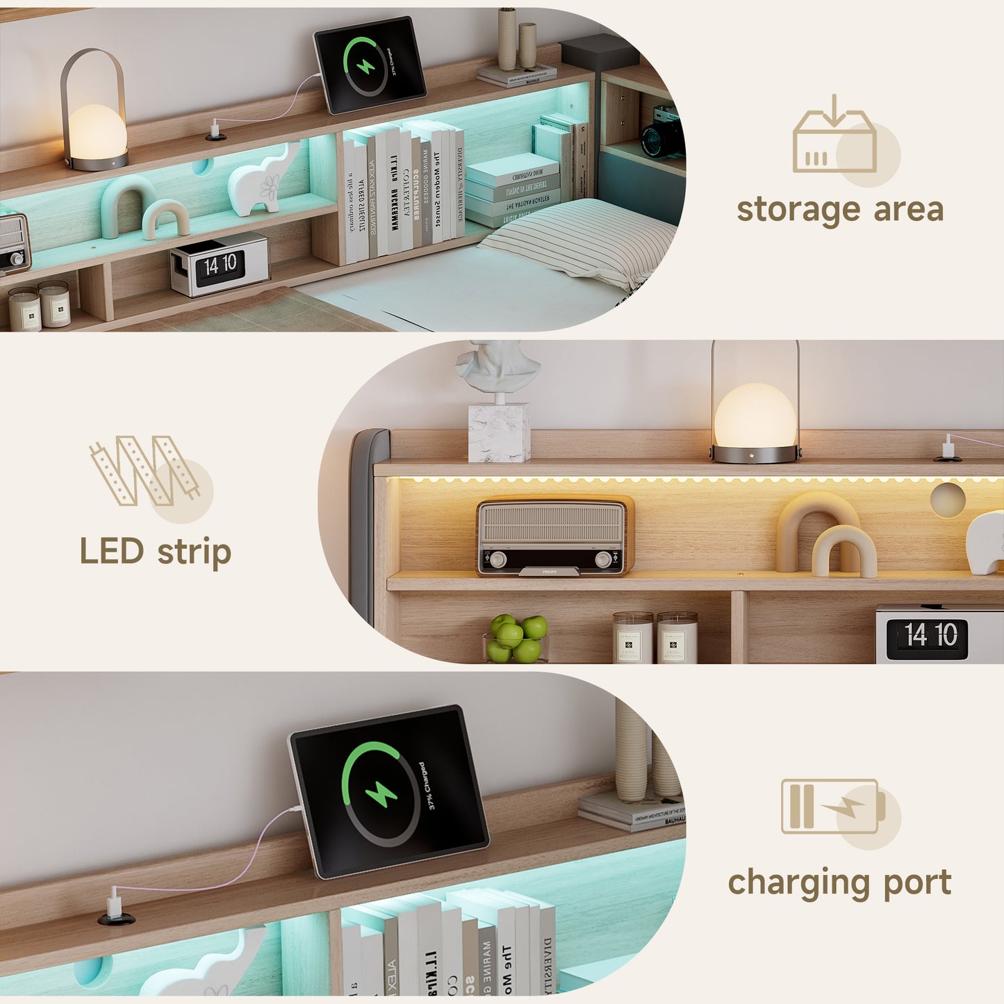 Upholstered Bed, Daybed With Pull Out Trundle, 3FT Single Bed 90x190cm, Daybed Sofa Bed, With Charging Port, LED Strip, With Storage Space, Easy Assembly, Velvet, Grey   No Mattress