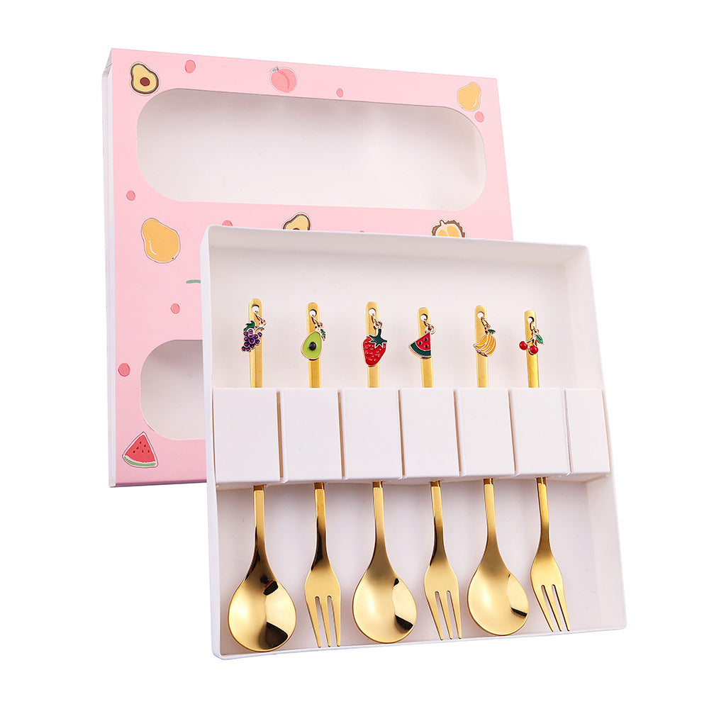 Stainless Steel Cute Strawberry Pendant Dessert Spoon Fruit Fork Coffee Spoon Gift Box