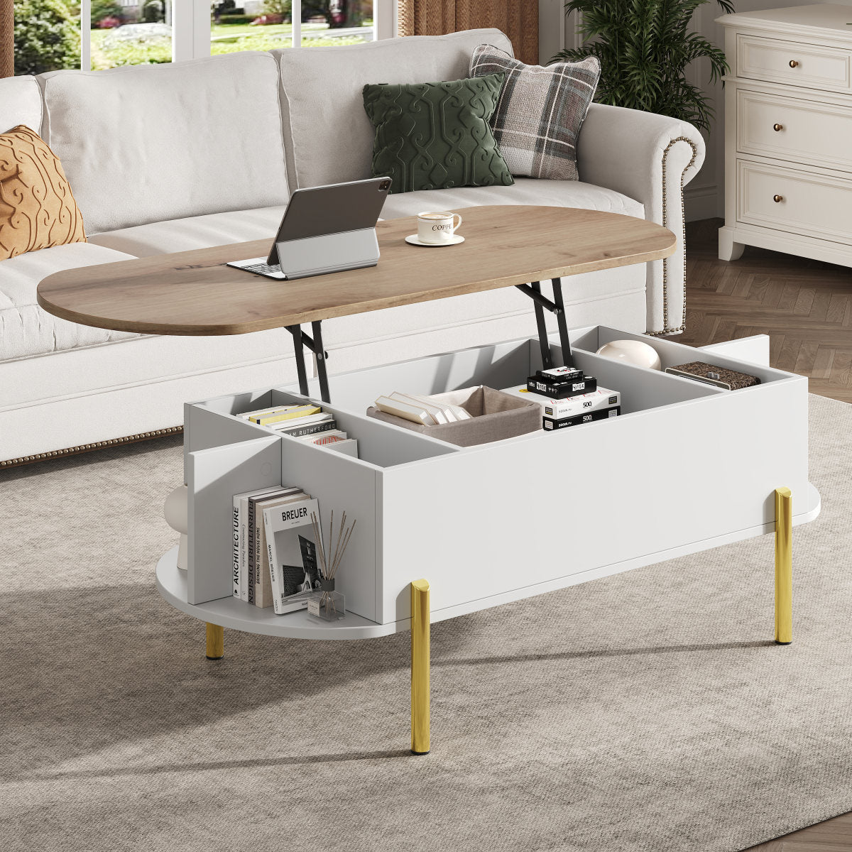 Coffee Table, Living Room Table, Coffee Table With Height-adjustable Top, Living Room Tables, Side Tables, Sofa Tables With Hidden Storage, Coffee Table With 7 Shelves, Wood Color  White