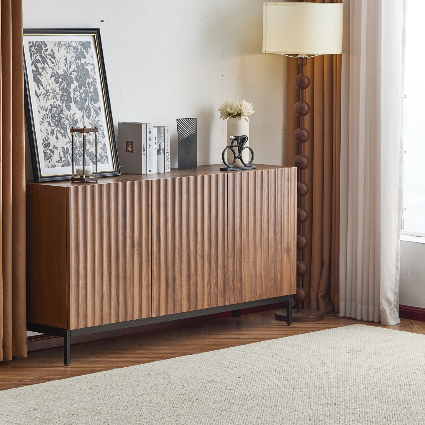 150x40x80cm Oak Dark Grained, Sideboard, Mid-Century Modern Decorative Cabinet, 3 Doors, Wavy 3D Design, Adjustable Shelves, Anti-Tilt Protection-Stylish Storage For Living Room, Dining Room, Office