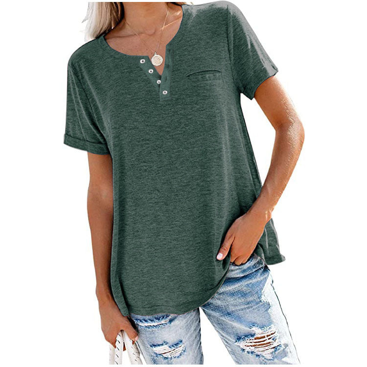 Women's Henley Neck Button Detail Curved Hem Pocket Decor Casual Short Sleeve T-Shirt