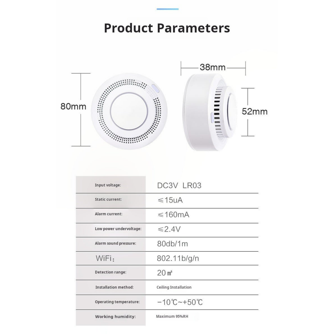 T Uya Home WiFi Smoke Detector, Mini Smart Fire Detector With App Alert Notification, 8 X 3.8 Cm  Without Battery