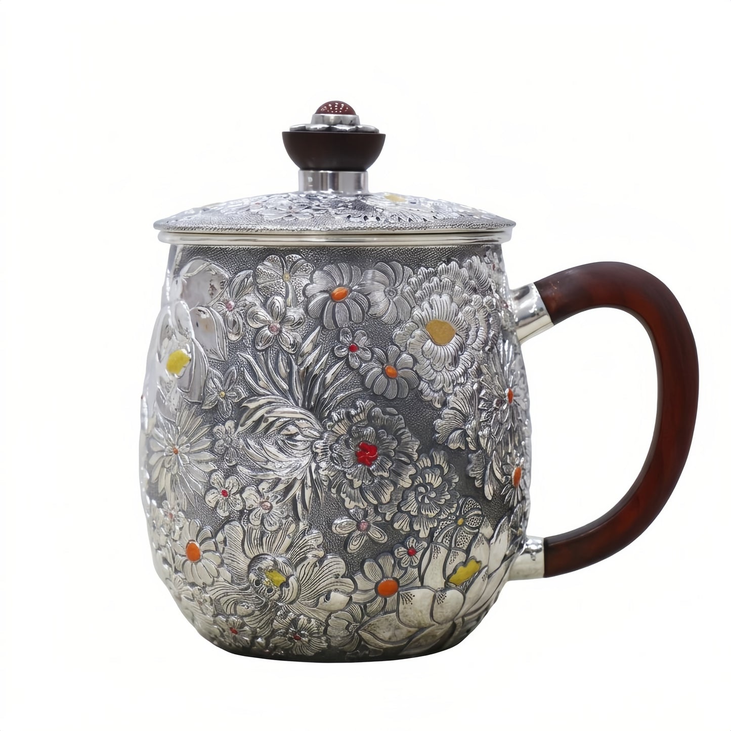 Pure 999 Fine Silver Ornate Handcrafted Floral Embossed Silver Tea Mug with Dark Wood Handle and Lid - Handicraft