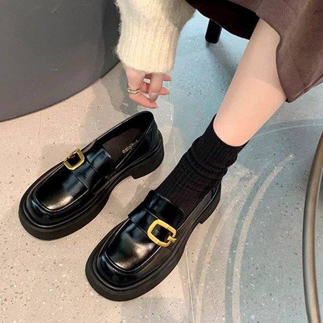 Women One Strap Square Buckle Platform Block Heel Loafers, New Slip-on Square Round Toe Leather Shoes