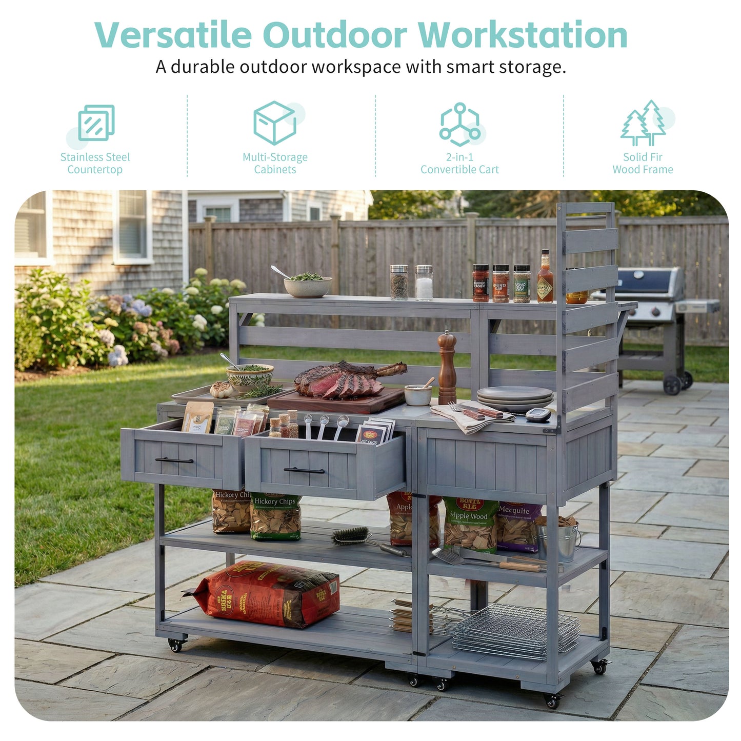 With Assembly Video  TOPMAx 62.3  Patio Kitchen Island Solid Wood Kitchen Cart With Stainless Table Top  Garden Potting Bench With Raised Shelf And Drawers  Grill Prep Table For BBQ  Party  Gray