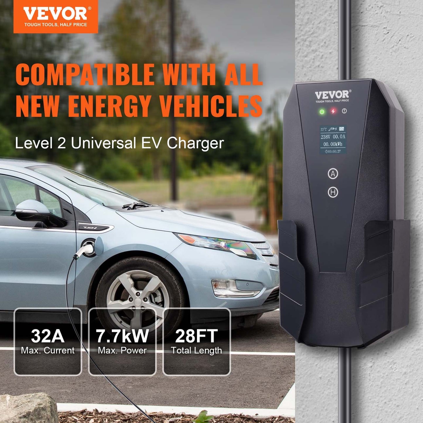 Level 2 Portable EV Charger, 32 Amp 240V, Electric Vehicle Charger With 28 Ft Charging Cable NEMA 14-50P Plug, 16/20/24/32A Adjustable Current Plug-in Home EV Charging Station For SAE J1772 EVs