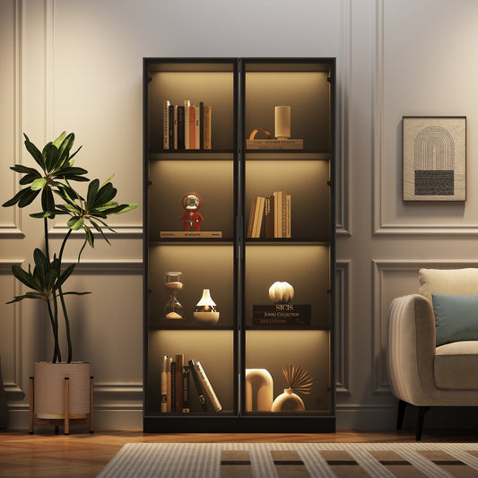 Glass Display Case With APP LED Lighting, Double Door Display Case With Movable Shelves, 80X40X160cm, Tall Cabinet For Living Room, Stand Display Cabinet, Bathroom Cabinet