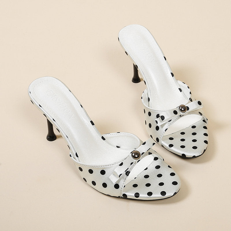 Women Plus Size Bow Polka Dot One Strap Heeled Slide Sandals, Elegant Open Toe Thin Heel Slip-on Summer Outdoor Dress Shoes