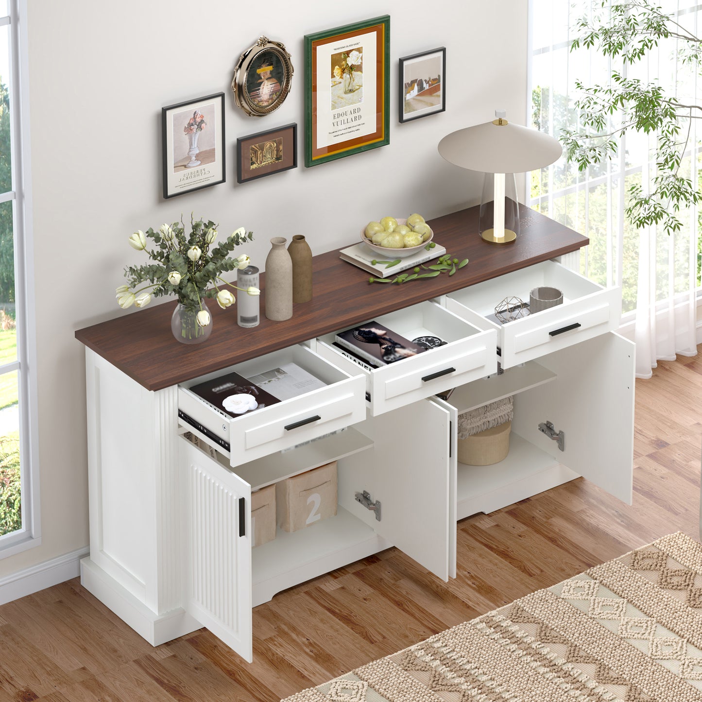 63  Fluted Sideboard Buffet Cabinet With Storage, Modern Coffee Bar Station With 4 Doors And 3 Drawers, Kitchen Storage Console Table For Living Room Dining Room Entryway, White