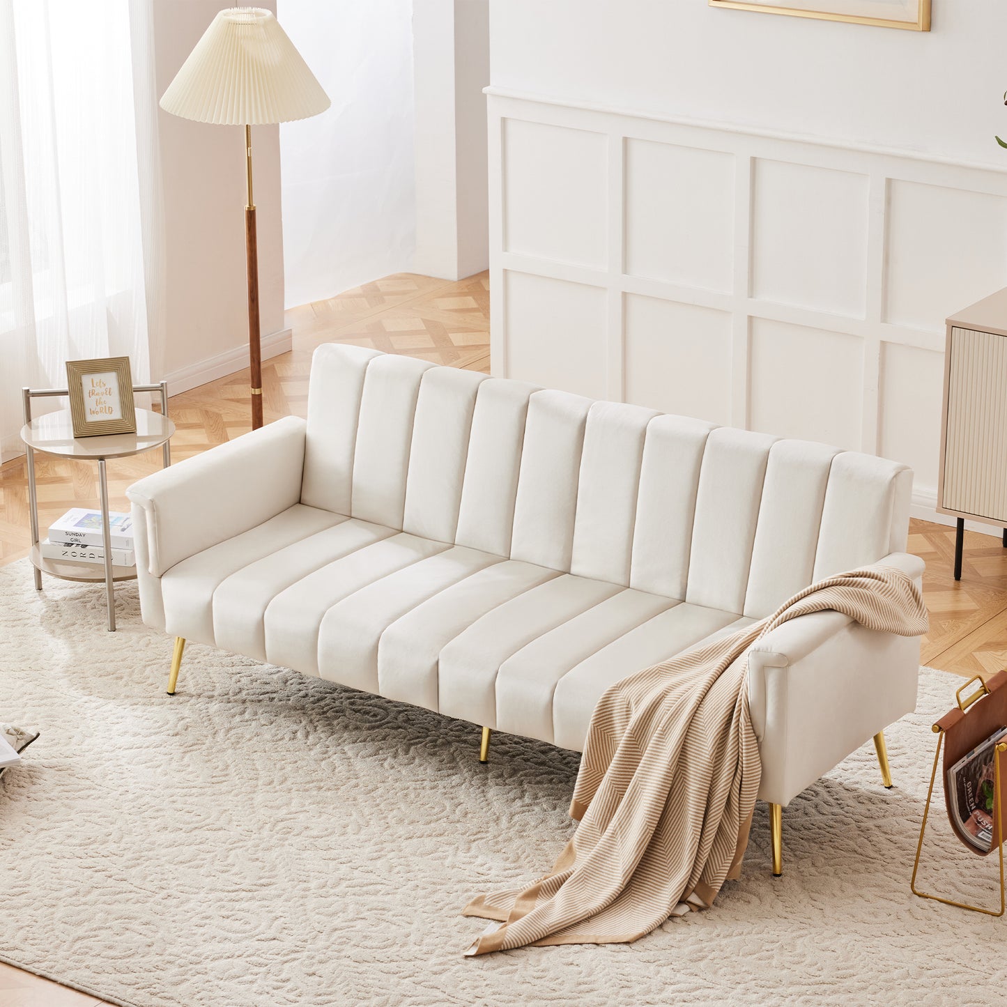 Modern Adjustable Velvet Sofa Bed With Multi Position Backrest & Armrests, Metal Legs, Convertible Sleeper Function, Ideal For Living Room, Bedroom, Home Theater & Guest Room, Beige, Video Included