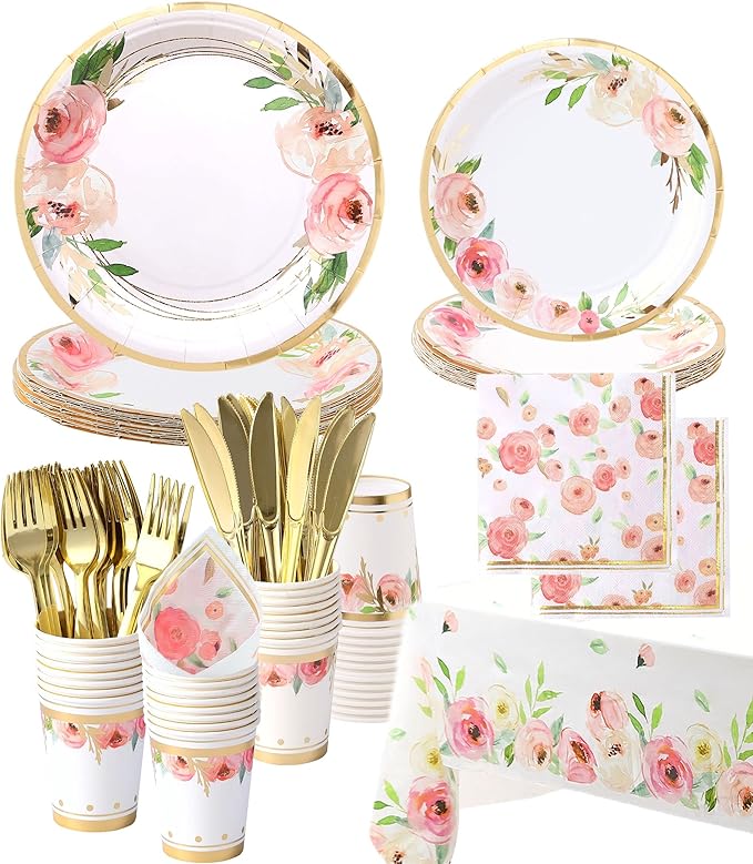 Luxury Floral Paper Plates and Napkins Party Supplies - Serves 16 - Pink and Gold Flower Decoration for Floral Baby Shower...