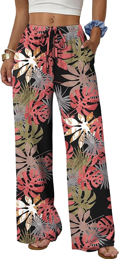 Sampeel Wide Leg Pants for Women Flowy Palazzo Drawstring Elastic Waist Trousers with Pockets Summer Beach Vacation Clothes