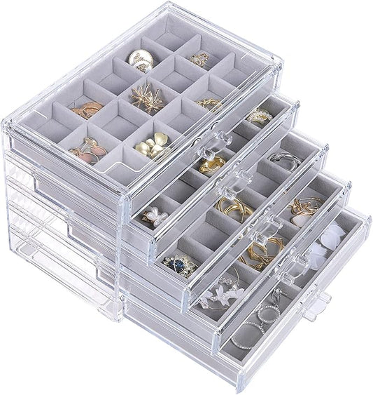 misaya Earring Jewelry Organizer with 5 Drawers, Birthday Present, Clear Acrylic Jewelry Box for Women, Velvet Earring Dis...