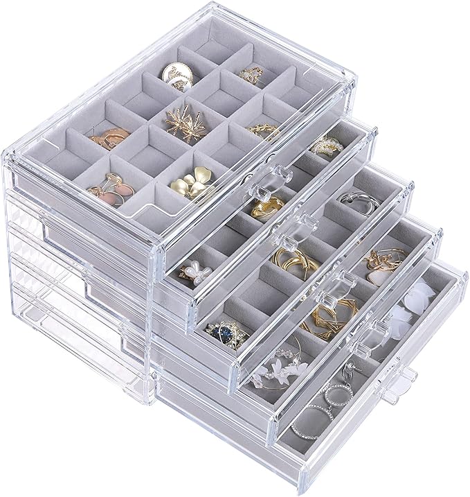 misaya Earring Jewelry Organizer with 5 Drawers, Birthday Present, Clear Acrylic Jewelry Box for Women, Velvet Earring Dis...