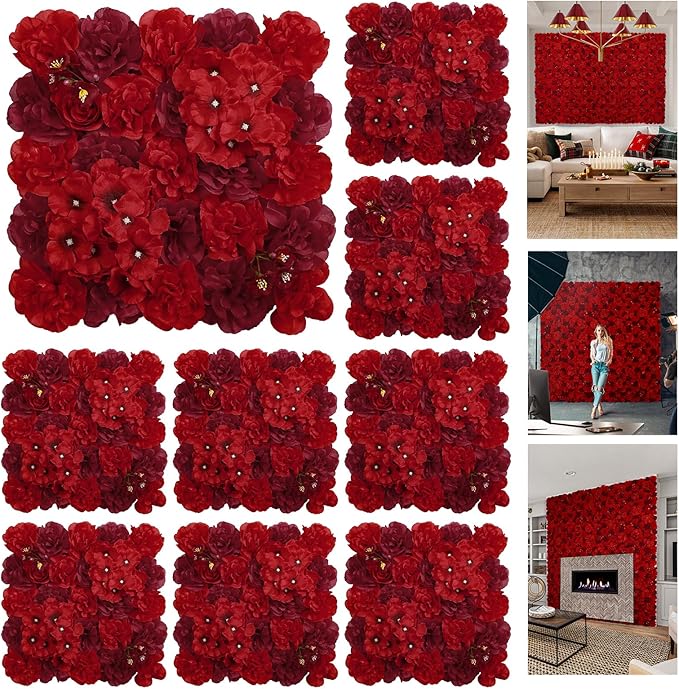 QinmiGarden Flower Wall Backdrop 9pcs 16.5x16.5 Inch Flower Wall Decor Artificial Floral Wall Panel Ideal for Wedding Cele...