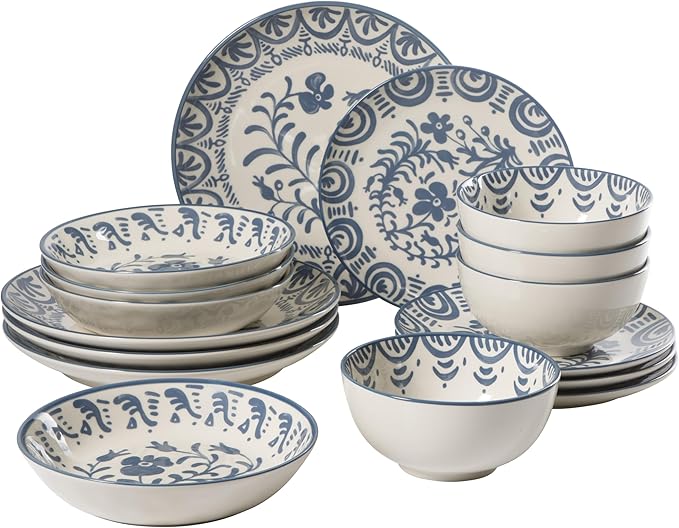 Bloomhouse - 2-Time Oprah’s Favorite Things - Valencia Flor 16 Piece Dinnerware Set, Artisanal Decorated Stoneware Plates...