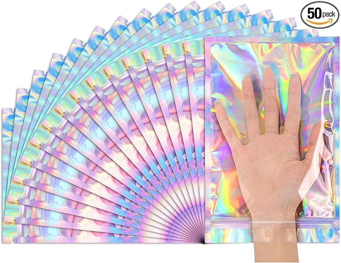 Funfery 6.3x9.4in Smell Proof Holographic Resealable Bags,Mylar Foil Bags with Zipper,Iridescent Party Favor Bag for Goodi...
