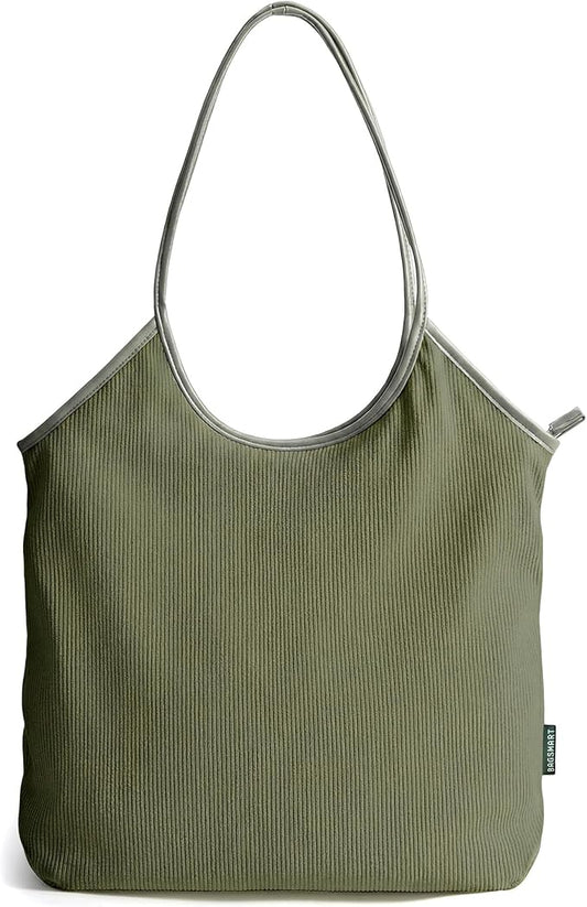BAGSMRT Corduroy Tote Bag for Women with PU Leather Handles, Casual Shoulder Bag with Zipper Handbag for Travel Work