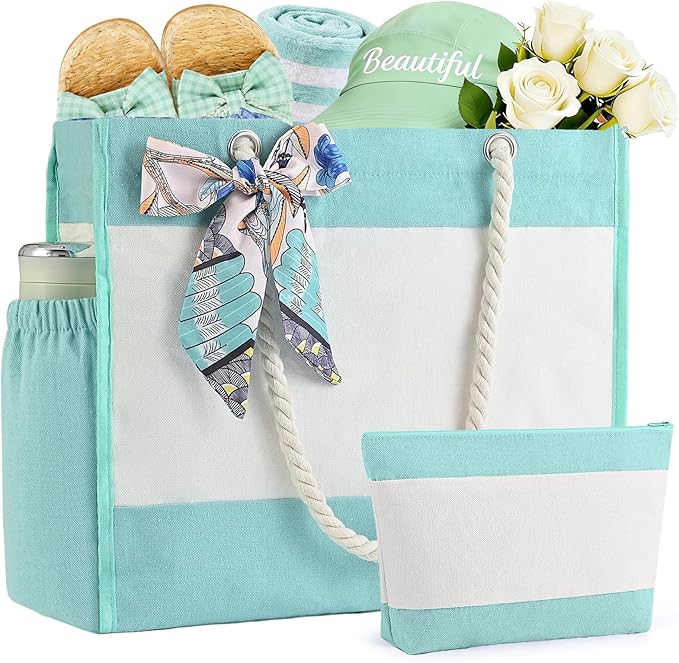 TAOZIM Beach Tote with Cosmetic Bag, Waterproof Canvas Beach Bag w/Ribbon Personalized for Women Birthday Travel Essential