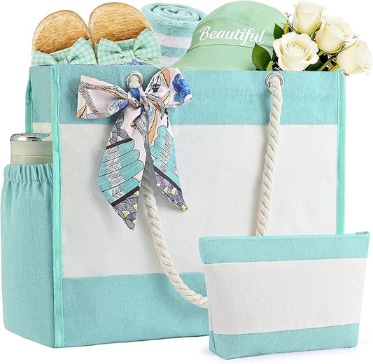 TAOZIM Beach Tote with Cosmetic Bag, Waterproof Canvas Beach Bag w/Ribbon Personalized for Women Birthday Travel Essential